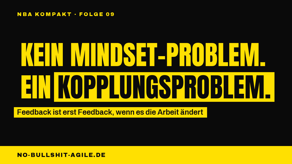 Plakat auf schwarzem Grund, gelbe Versalien: „Kein Mindset-Problem. Ein Kopplungsproblem.", das Wort „Kopplungsproblem" invertiert. Darüber die Kennzeile „NBA Kompakt · Folge 09", darunter: „Feedback ist erst Feedback, wenn es die Arbeit ändert".