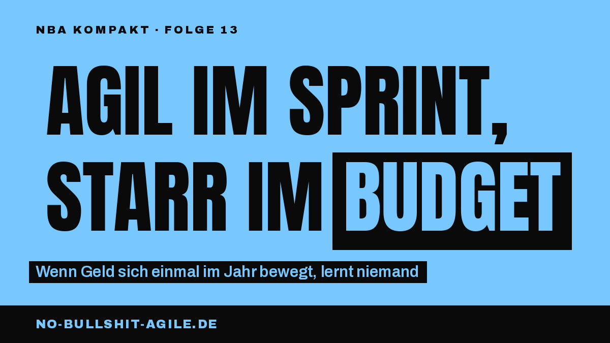Hellblaues Cover mit schwarzer Schrift. Oben klein „NBA Kompakt · Folge 13", darunter groß „Agil im Sprint, starr im Budget", wobei „Budget" schwarz hinterlegt hervorgehoben ist. Unten die Zeile „Wenn Geld sich einmal im Jahr bewegt, lernt niemand" und die Adresse no-bullshit-agile.de.
